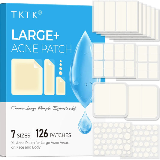 TKTK Large Pimple Patches for Face 7 Sizes XL Acne Patches Big Hydrocolloid Bandages for Body Chin Forehead Chest Back Zit Breakouts Hydrocolloid Patch (Strip Square Dot 126 Count)